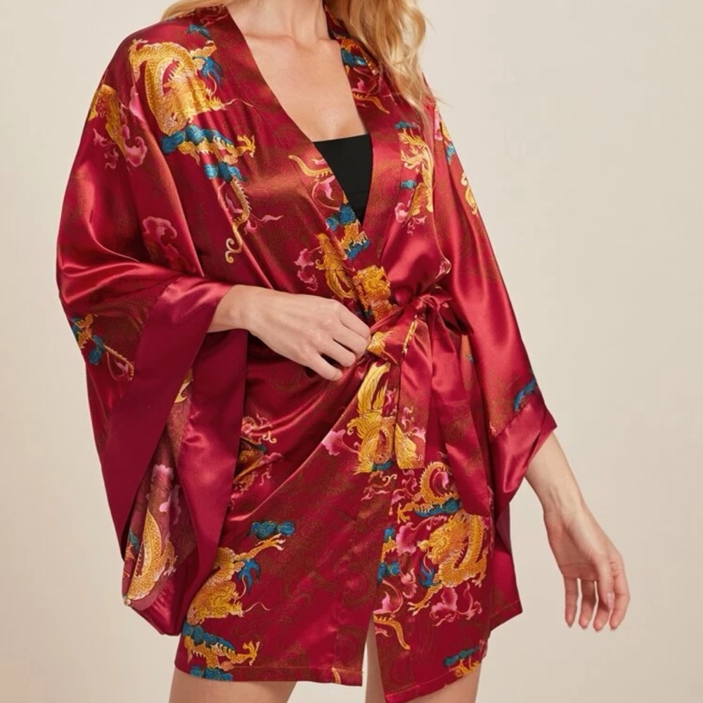 Phoenix and Dragon Print Satin belted robe